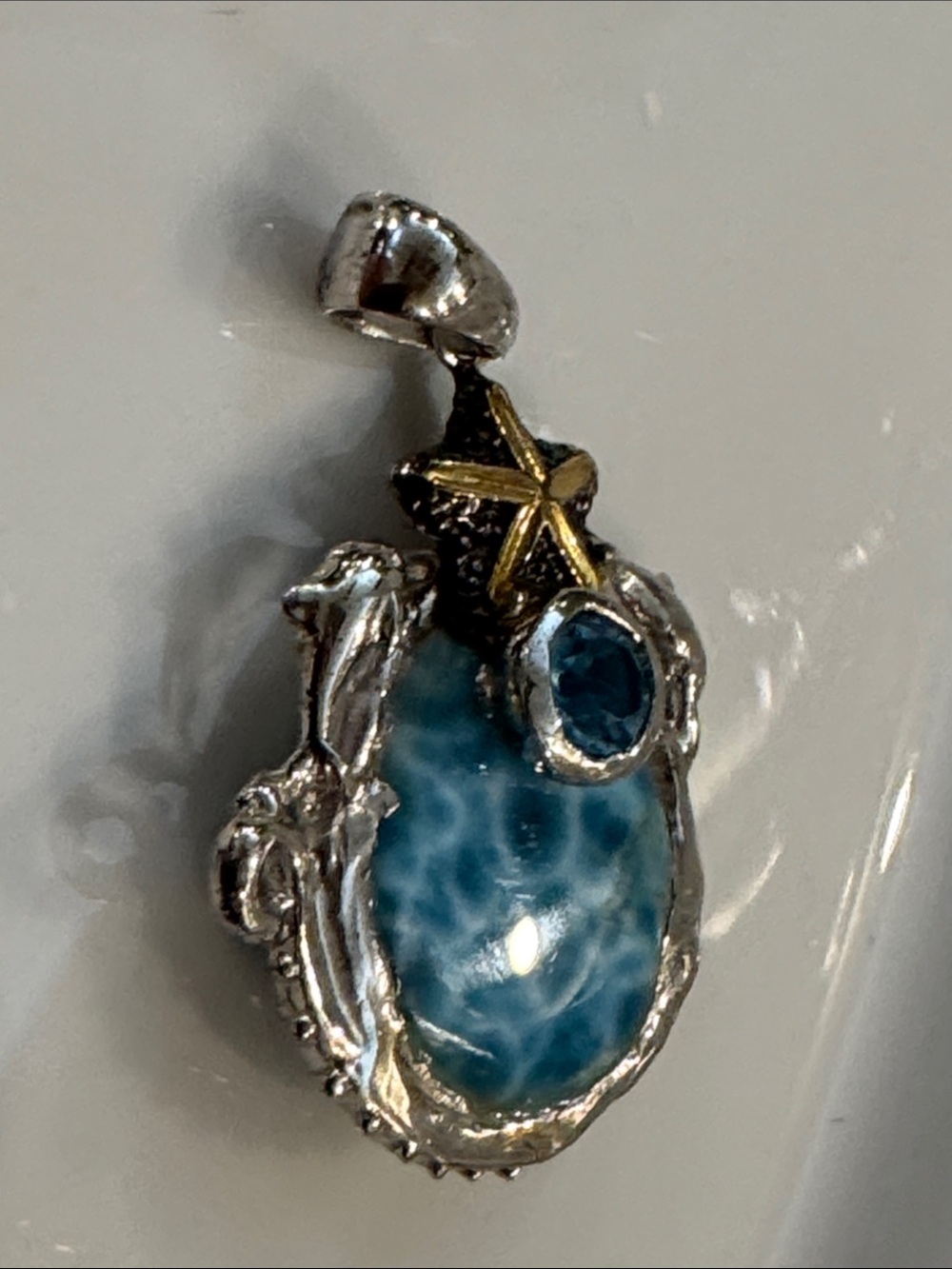 Larimar and Blue Topaz Starfish Dolphin Pendant - Silver - Picture 5 of 7